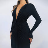 Drape Detail Long Sleeve Evening Gown with Plunging Neckline Black