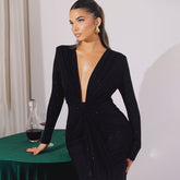 Drape Detail Long Sleeve Evening Gown with Plunging Neckline Black