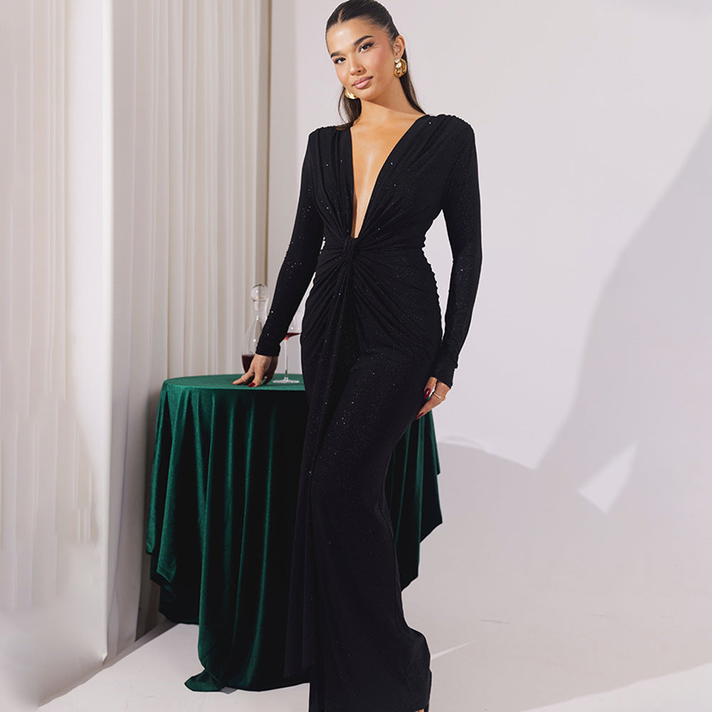 Drape Detail Long Sleeve Evening Gown with Plunging Neckline Black