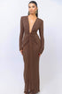 Drape Detail Long Sleeve Evening Gown with Plunging Neckline Dark Brown