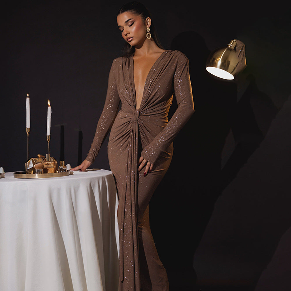 Drape Detail Long Sleeve Evening Gown with Plunging Neckline Dark Brown