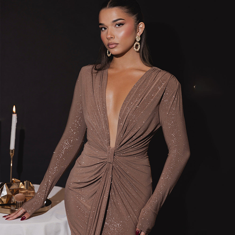 Drape Detail Long Sleeve Evening Gown with Plunging Neckline Dark Brown