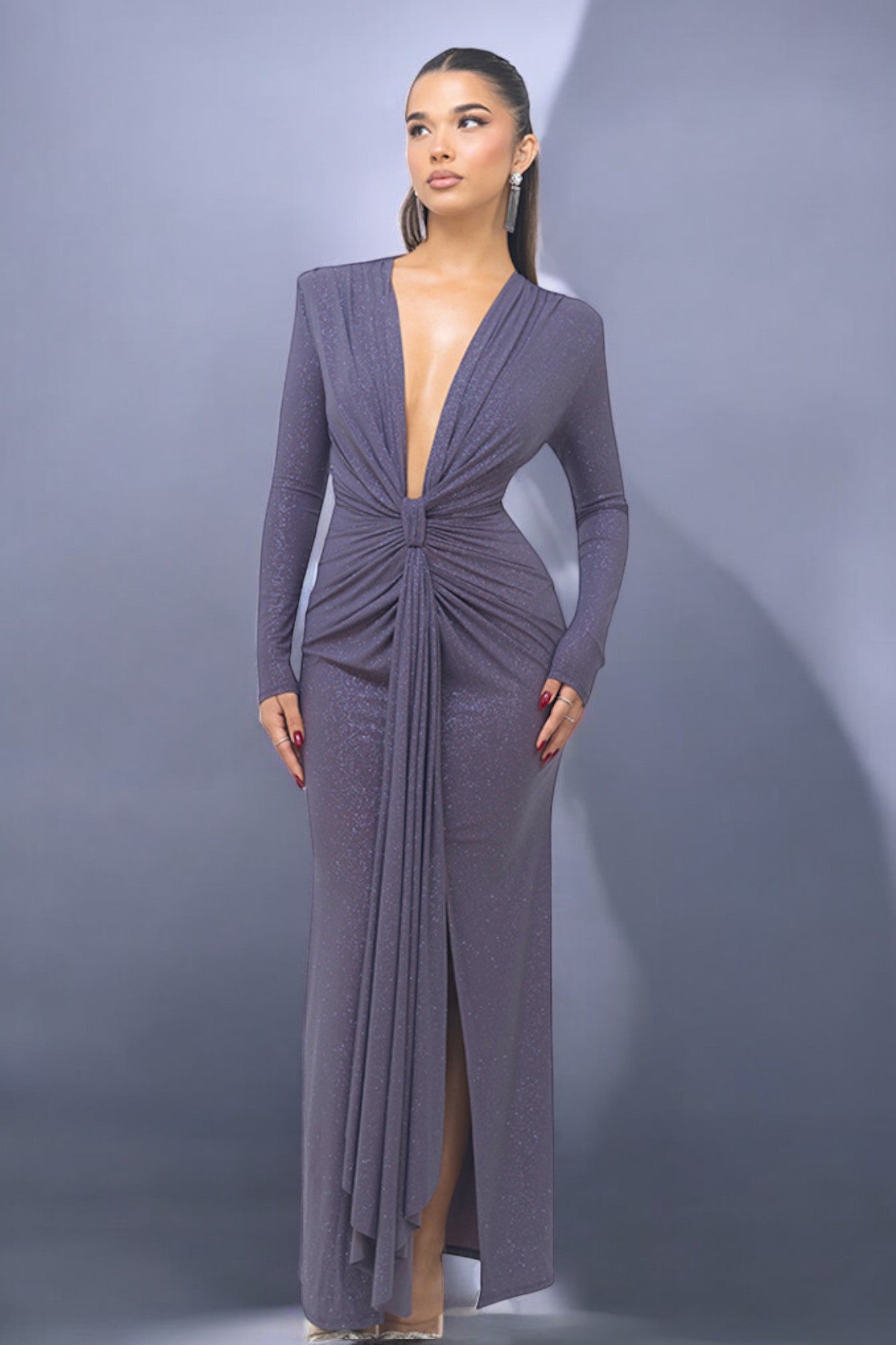 Drape Detail Long Sleeve Evening Gown with Plunging Neckline Purple