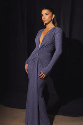 Drape Detail Long Sleeve Evening Gown with Plunging Neckline Purple