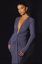 Drape Detail Long Sleeve Evening Gown with Plunging Neckline Purple
