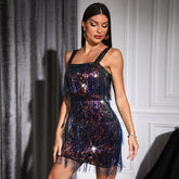 Elegant Black Fringe Sequin Cocktail Dress Rainbow Gradient