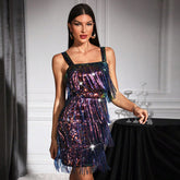 Elegant Black Fringe Sequin Cocktail Dress Rainbow Gradient