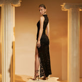 Elegant Lace Halter Gown with Ruched Detail and High Slit
