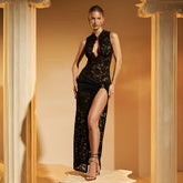 Elegant Lace Halter Gown with Ruched Detail and High Slit