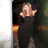 Elegant Off-Shoulder Long Sleeve Evening Gown Dark Brown