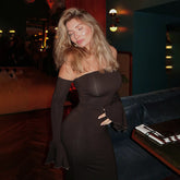 Elegant Off-Shoulder Long Sleeve Evening Gown Dark Brown