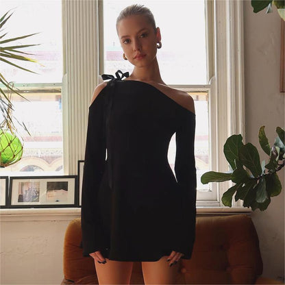 Elegant Off-Shoulder Mini Dress with Bow Black
