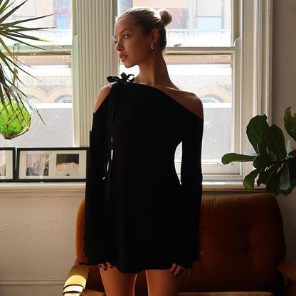 Elegant Off-Shoulder Mini Dress with Bow Black
