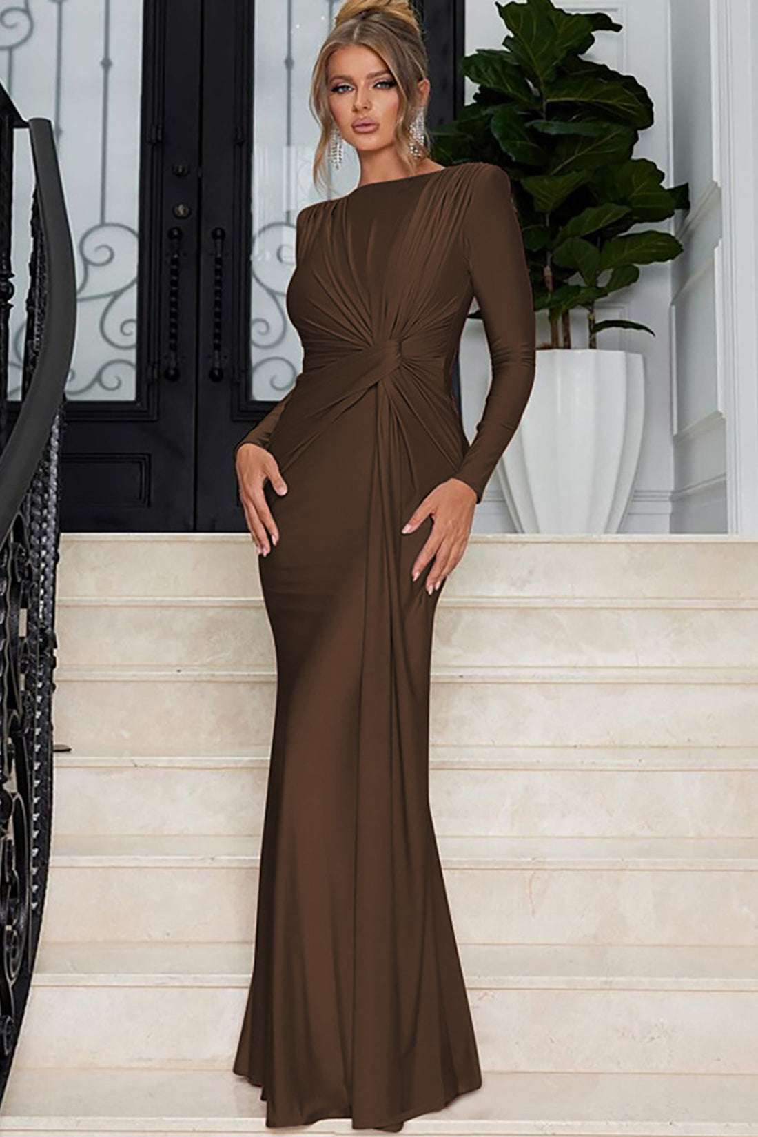 Elegant Pink Satin Long Sleeve Gown Dark Brown
