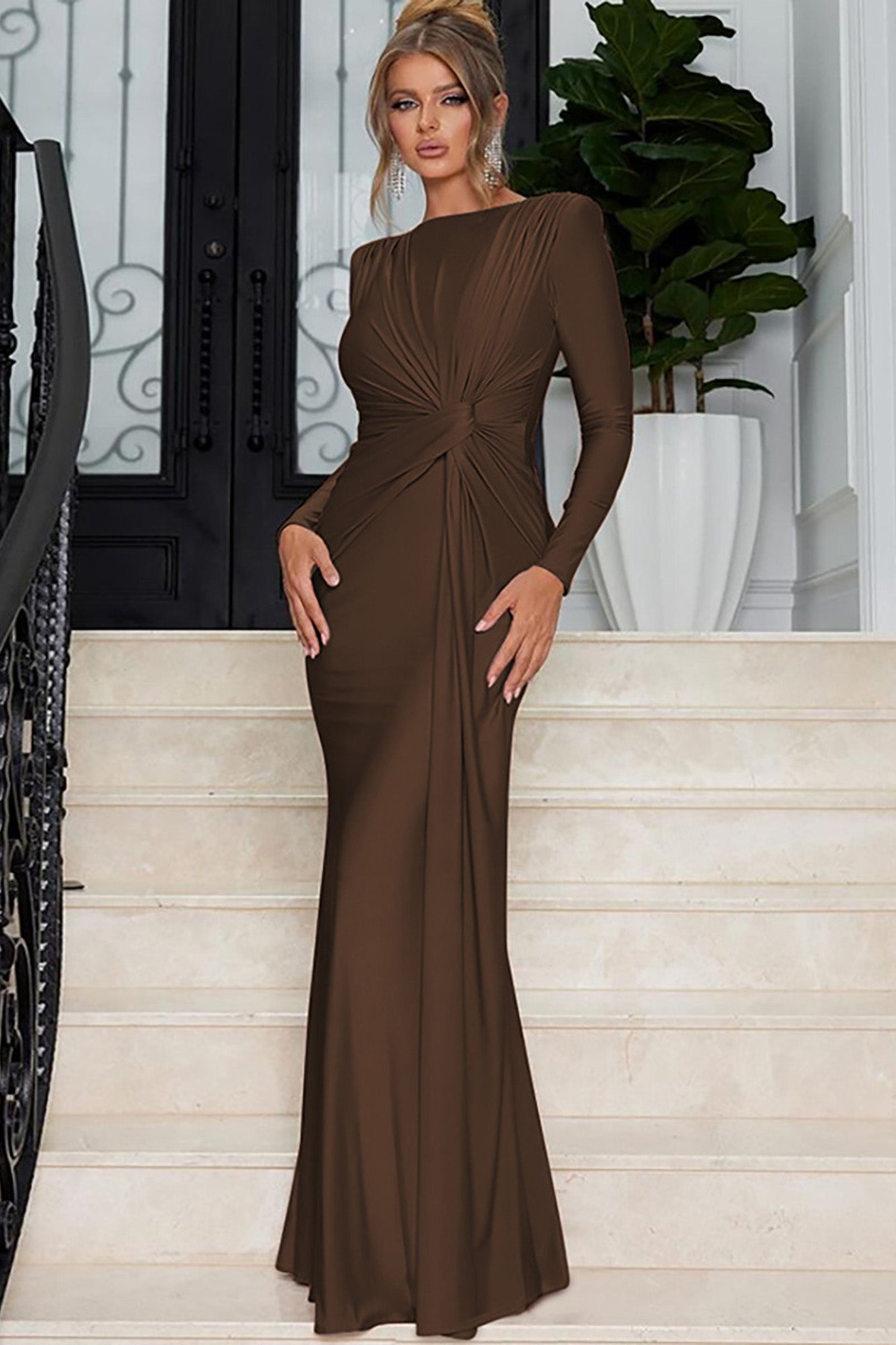 Elegant Pink Satin Long Sleeve Gown Dark Brown