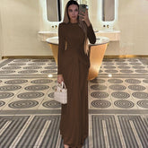 Elegant Pink Satin Long Sleeve Gown Dark Brown