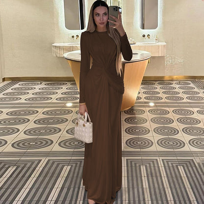 Elegant Pink Satin Long Sleeve Gown Dark Brown