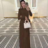 Elegant Pink Satin Long Sleeve Gown Dark Brown