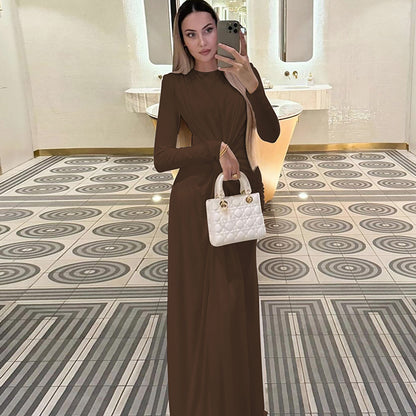 Elegant Pink Satin Long Sleeve Gown Dark Brown