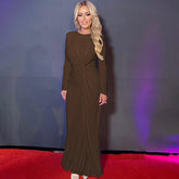 Elegant Pink Satin Long Sleeve Gown Dark Brown