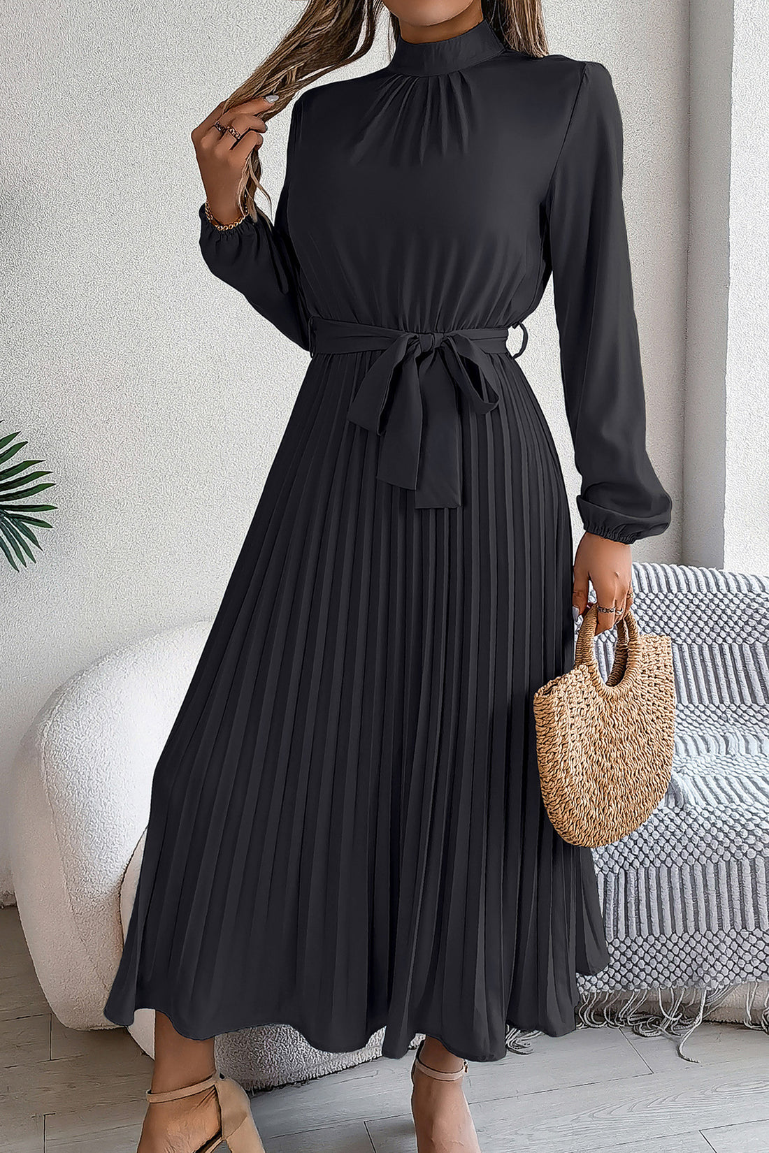 Elegant Pleated Midi Dress With Belt Black