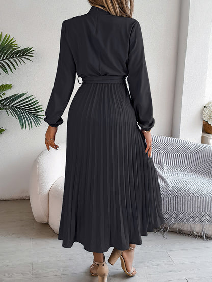 Elegant Pleated Midi Dress With Belt Black
