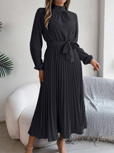 Elegant Pleated Midi Dress With Belt Black