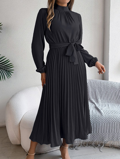 Elegant Pleated Midi Dress With Belt Black