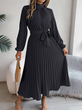 Elegant Pleated Midi Dress With Belt Black