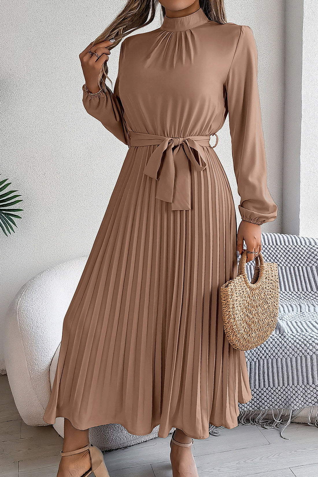 Elegant Pleated Midi Dress With Belt Brown