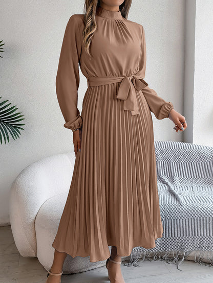 Elegant Pleated Midi Dress With Belt Brown