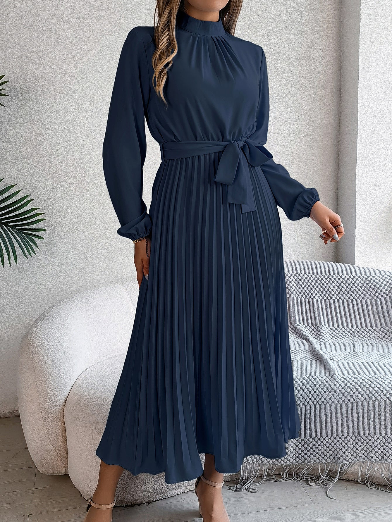 Elegant Pleated Midi Dress With Belt Cobalt Blue