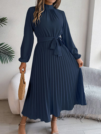 Elegant Pleated Midi Dress With Belt Cobalt Blue