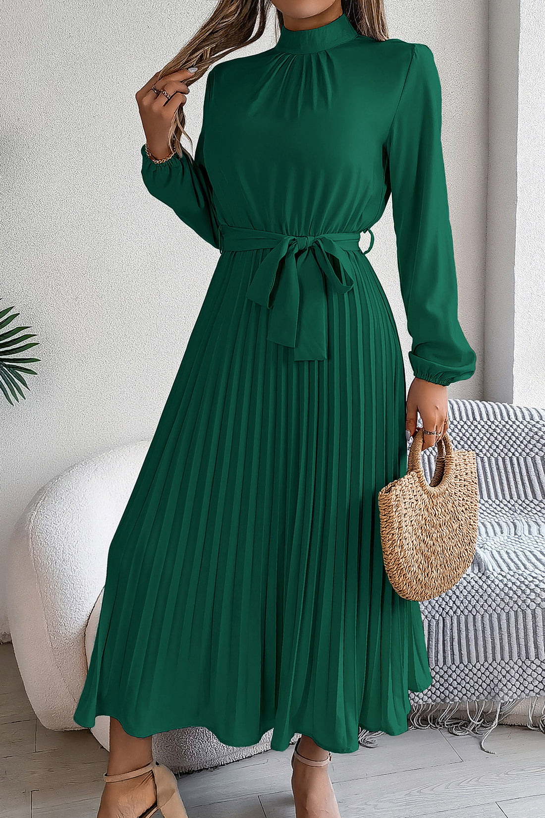 Elegant Pleated Midi Dress With Belt Dark Green