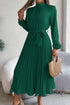 Elegant Pleated Midi Dress With Belt Dark Green