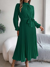 Elegant Pleated Midi Dress With Belt Dark Green