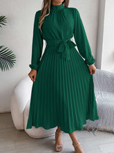 Elegant Pleated Midi Dress With Belt Dark Green
