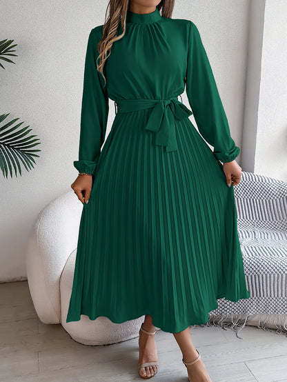 Elegant Pleated Midi Dress With Belt Dark Green