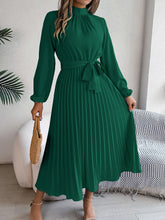 Elegant Pleated Midi Dress With Belt Dark Green