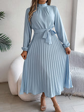 Elegant Pleated Midi Dress With Belt Light Blue