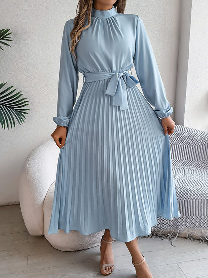 Elegant Pleated Midi Dress With Belt Light Blue