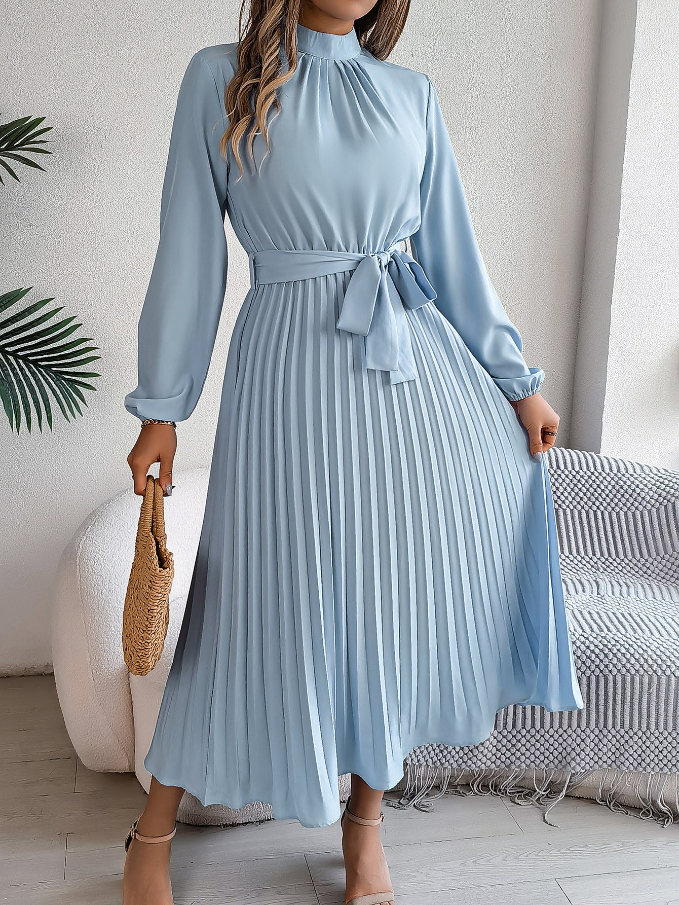 Elegant Pleated Midi Dress With Belt Light Blue