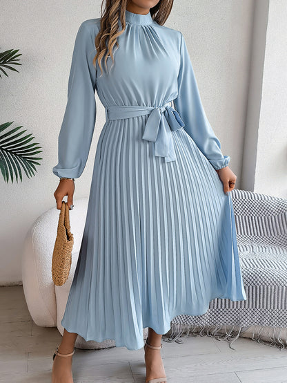 Elegant Pleated Midi Dress With Belt Light Blue