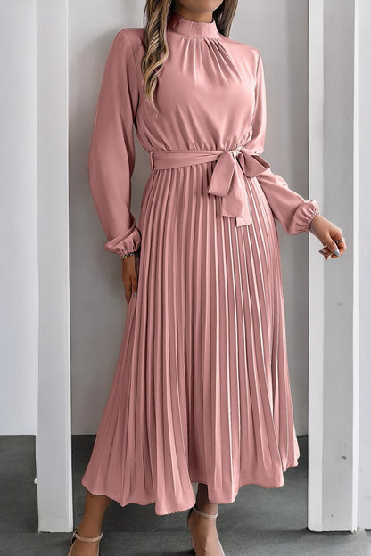 Elegant Pleated Midi Dress With Belt Pink