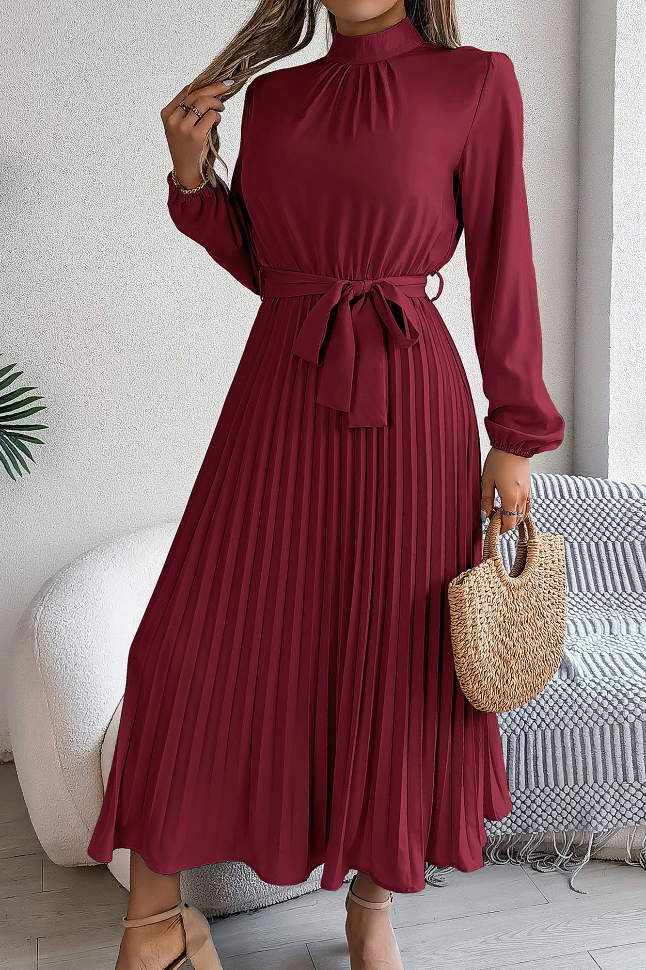 Elegant Pleated Midi Dress With Belt Wine Red