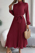 Elegant Pleated Midi Dress With Belt Wine Red