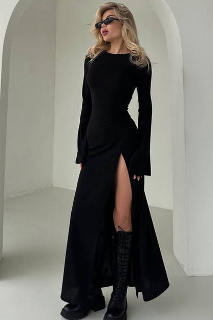 Elegant Red Long Sleeve Slit Maxi Dress Black