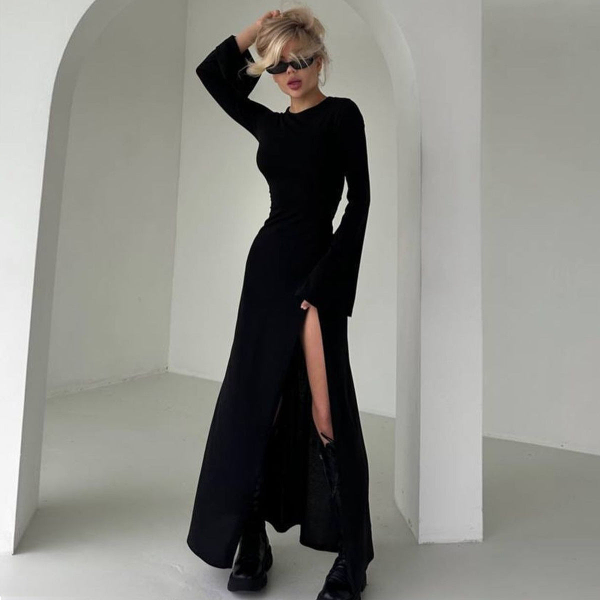 Elegant Red Long Sleeve Slit Maxi Dress Black