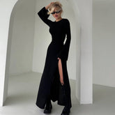 Elegant Red Long Sleeve Slit Maxi Dress Black