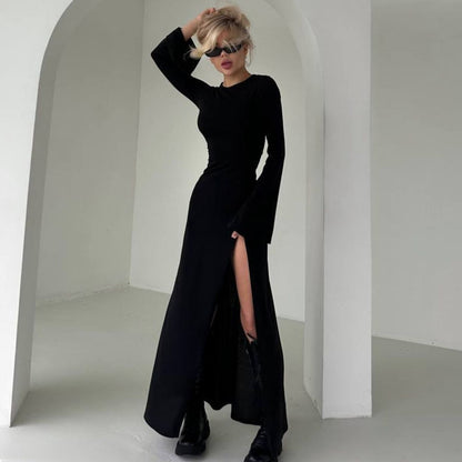 Elegant Red Long Sleeve Slit Maxi Dress Black